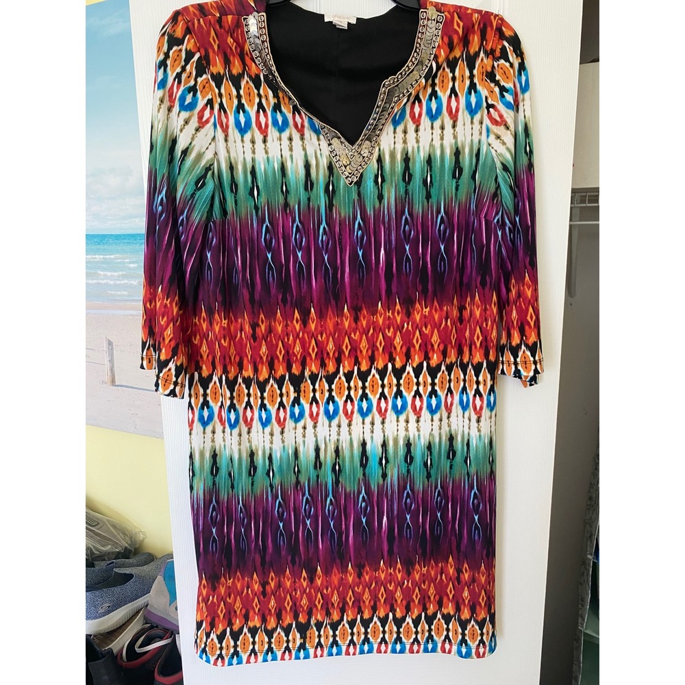 Chicos Dress Sz 2 Multi Color Ikat Tribal Shift Sequin Beaded Embellished V Neck
